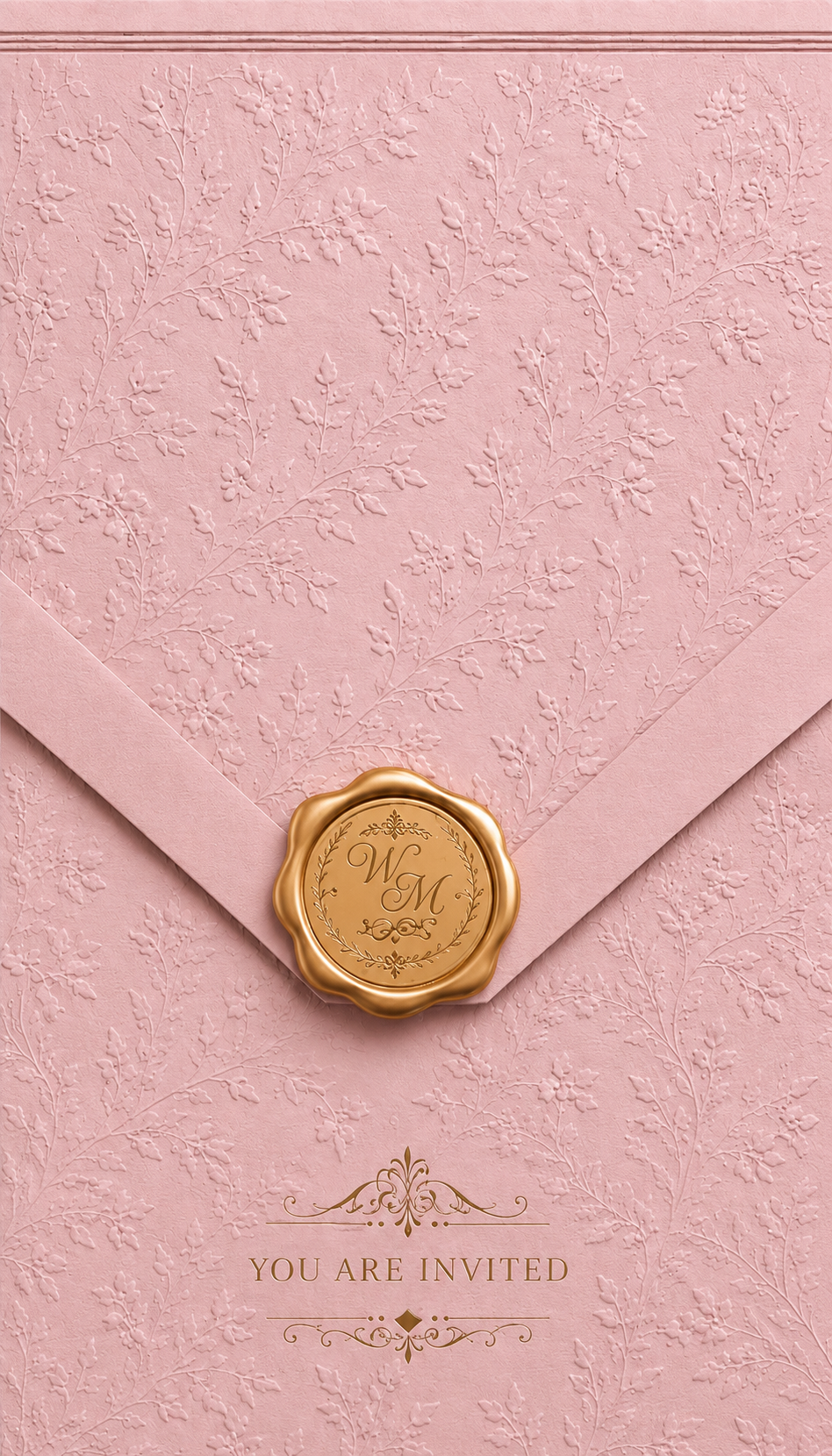 Sealed pink wedding envelope with a gold wax seal